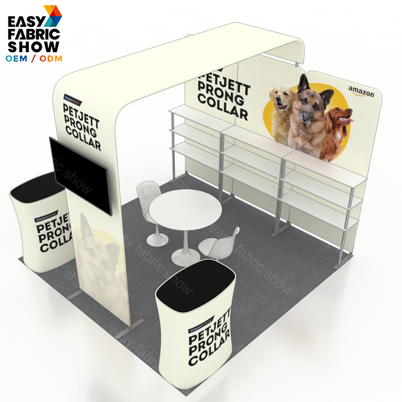 3*3m Aluminum Frame Booth with Arched TV Mount and Tiered Waterfall Shelving