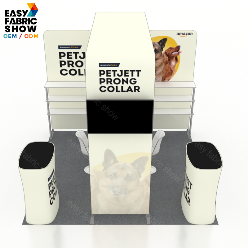 3*3m Aluminum Frame Booth with Arched TV Mount and Tiered Waterfall Shelving