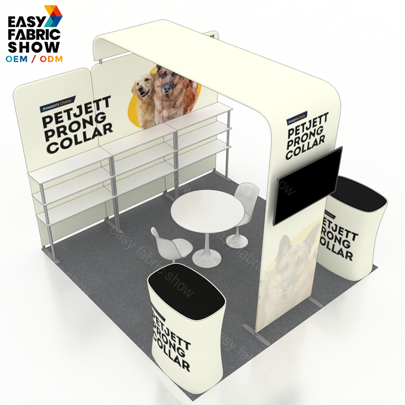 3*3m Aluminum Frame Booth with Arched TV Mount and Tiered Waterfall Shelving