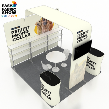 3*3m Aluminum Frame Booth with Arched TV Mount and Tiered Waterfall Shelving