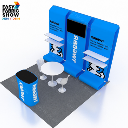 3*3m Aluminum Frame Booth with Fabric Panels, Integrated TV Mount & Shelving